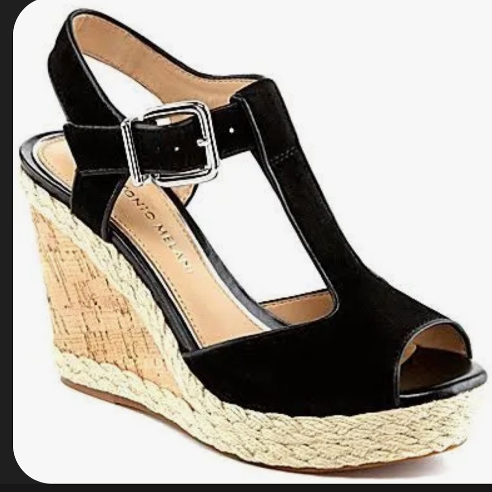 Antonio Melani Yardley black suede cork wedges platform T strap sandals heels 11